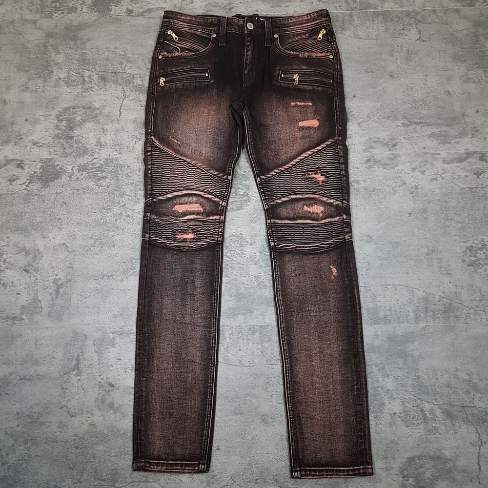 ROCK REVIVAL Elliot‎ Moto Zipper Biker Jeans Mens Size 32x34 Brown Red